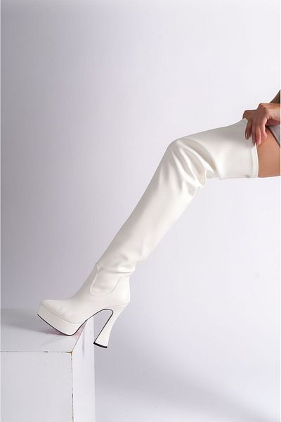 Ayakkabı Ateşi White Skin Platform Design Γυναικείες Μπότες Ψηλοτάκουνα Παπούτσια Cora