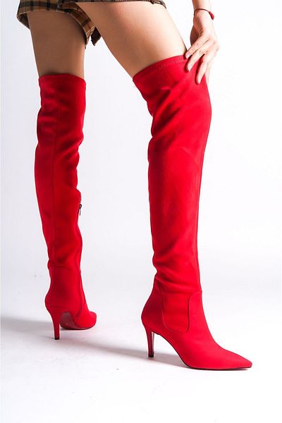 Ayakkabı Ateşi Cizme de damă cu design elastic din piele intoarsa rosie Pantofi cu toc inalt Borns