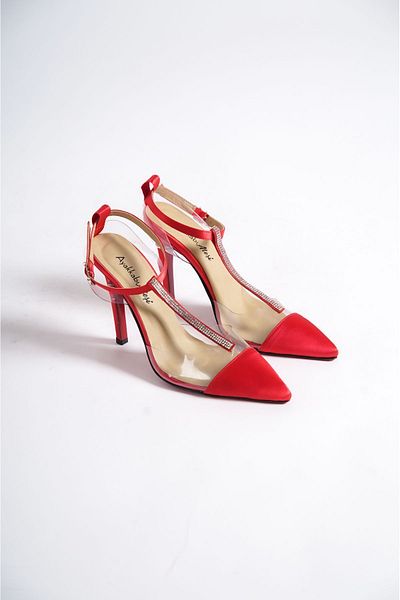 Ayakkabı Ateşi Red Satin Transparent Stone Special Design Women's Thin Heeled Shoes Stiletto Katrina