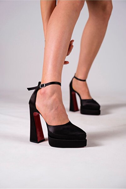 Ayakkabı Ateşi Pantofi de damă cu toc subțire din satin negru cu design special Regina