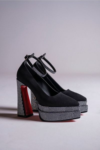 Ayakkabı Ateşi Pantofi de damă cu toc înalt din piele intoarsa neagra Stone cu platforma dubla Nardis