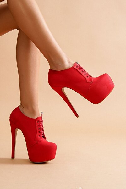 Ayakkabı Ateşi Hare Bağcıklı Kırmızı Süet Yüksek Topuklu Kadın Bot
