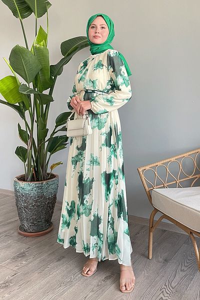 InStyle Zelené šifonové šaty s kravatou - abstraktní vzor