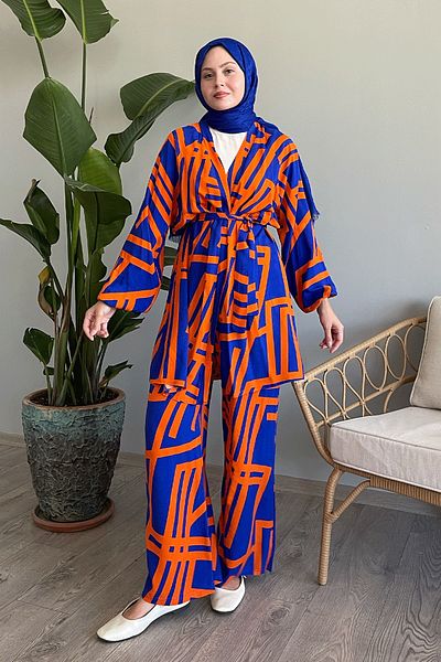 InStyle طقم فيسكوز برتقالي مكون من قطعتين - تفاصيل شريطية