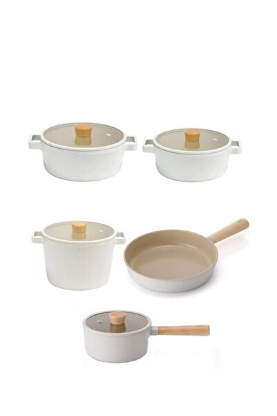 NEOFLAM Fika Alüminyum Döküm 9 Parça Bej Cam Kapaklı Tencere Tava Seti