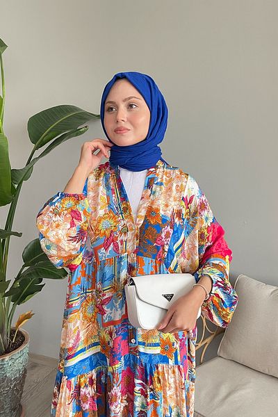 InStyle Φόρεμα τιρκουάζ βισκόζης - σχέδιο Lotus και μανίκι από μπαλόνι