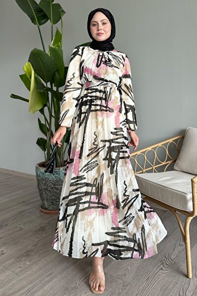 InStyle Pink Stripe Patterned Mixed Chiffon Dress