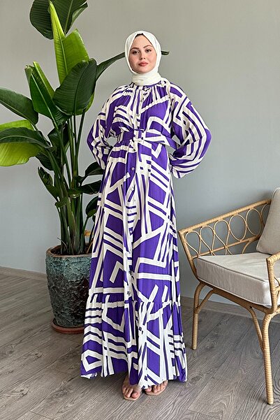 InStyle فستان فيسكوز أرجواني - مخطط وحزام