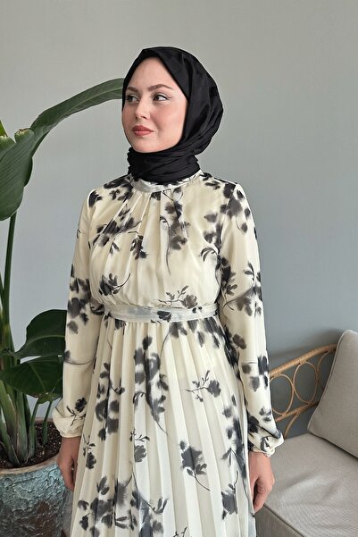 InStyle Black Tie-Dye Floral Patterned Chiffon Dress