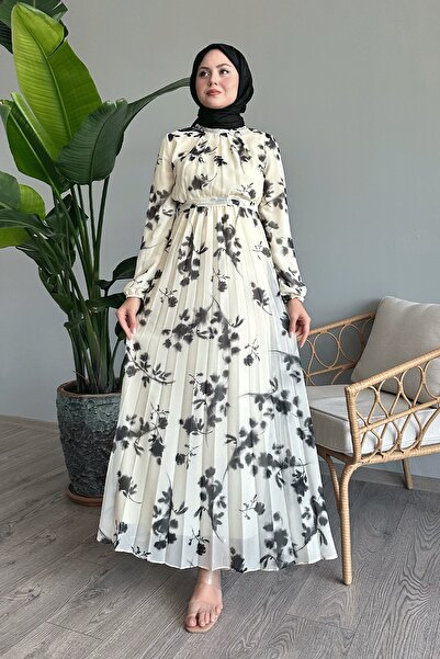 InStyle Black Tie-Dye Floral Patterned Chiffon Dress