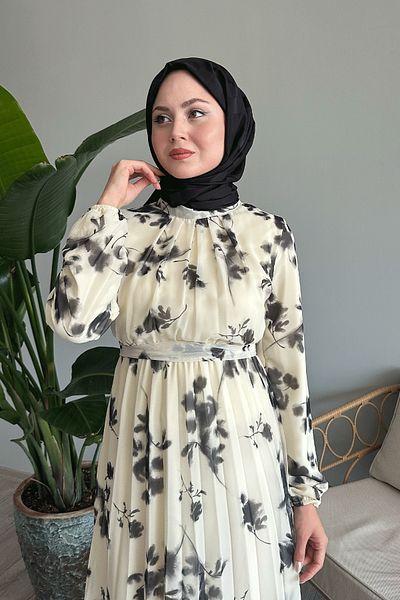 InStyle Black Tie-Dye Floral Patterned Chiffon Dress