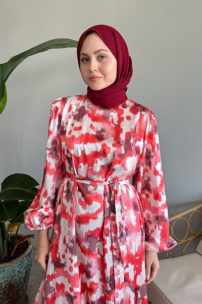 InStyle Κόκκινο Σατέν Φόρεμα - Μοτίβο με πινέλο