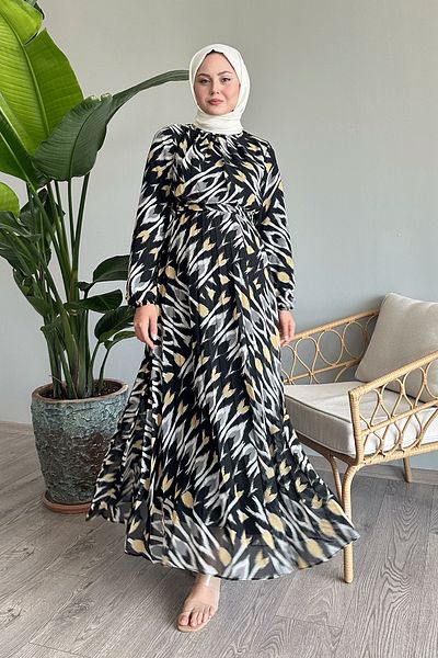 InStyle Μαύρο φόρεμα σιφόν - αφηρημένο σχέδιο βούρτσας