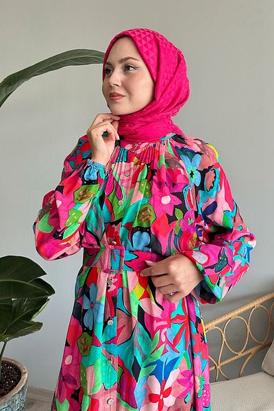 InStyle Fuchsia Viscose Dress - Belted and Floral Pattern