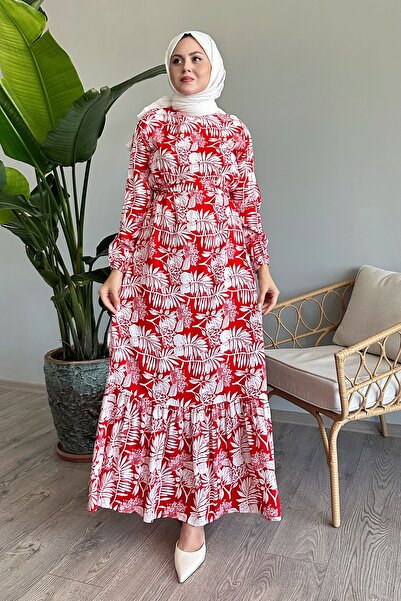 InStyle Palmiye Desen Kırmızı Viskon Elbise