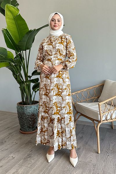 InStyle Oil Green Palm Patterned Viscose Dress