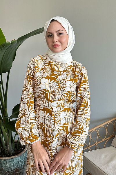 InStyle Oil Green Palm Patterned Viscose Dress