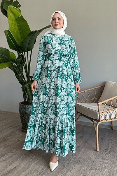 InStyle Palmiye Desen Mint Yeşili Viskon Elbise