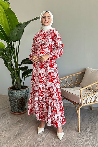 InStyle Red Viscose Dress - Palm Pattern