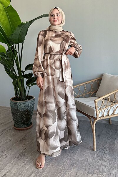 InStyle Khaki Satin Dress - Abstract Leaf Printed