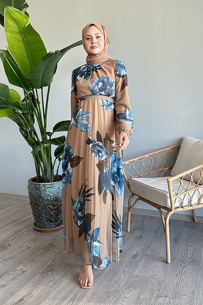 InStyle Φόρεμα Χακί Σιφόν - Πολύχρωμο Floral Pattern