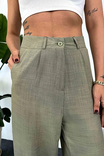 Butik Gardrop Linen Textured Waistband Detail Palazzo Trousers Khaki
