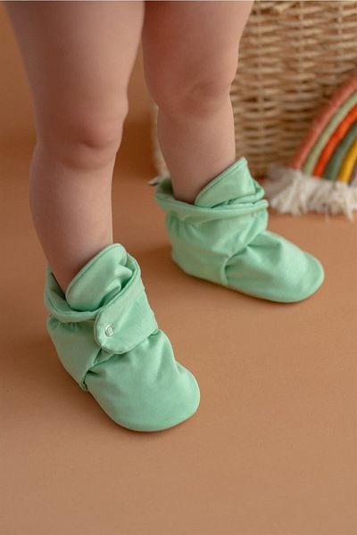 First Step Light Green Slippers with Organic Cotton Non-Slip Bottom Snaps