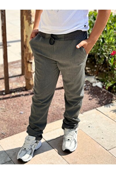 YAKAMEL Çocuk Düz Serj Likrasız Füme Beli Ribana Lastikli Okul Pantolonu