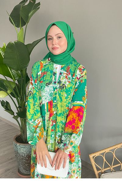 InStyle Green Viscose Dress - Lotus Pattern and Balloon Sleeve