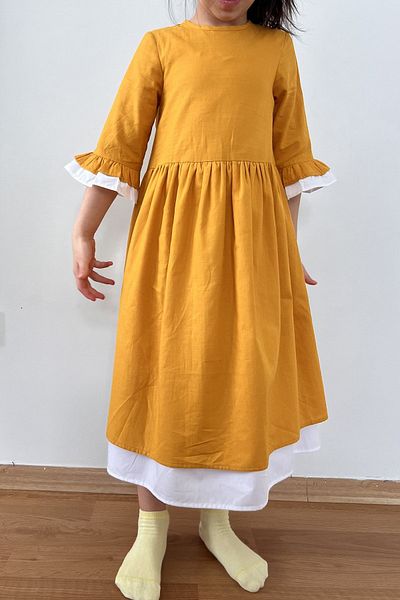 Masnu Çocuk Girl's Cotton Poplin Yellow White Midi Dress