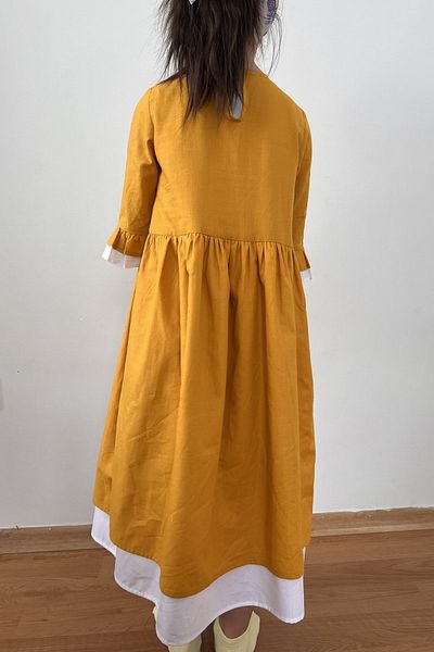Masnu Çocuk Girl's Cotton Poplin Yellow White Midi Dress