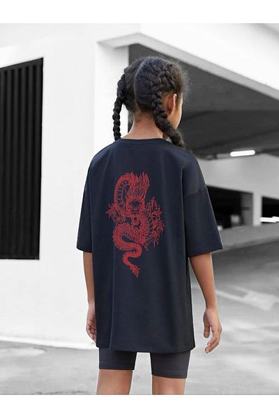 VASK Children's Oversize Unisex Dragon Cotton Crew Neck T-Shirt