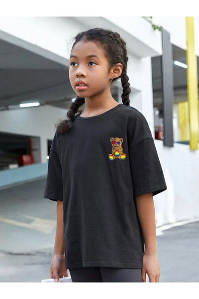 VASK Children's Oversize Unisex Colorful Teddy Bear Cotton Crew Neck T-Shirt