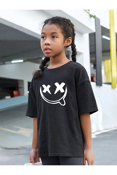 VASK Children's Oversize Unisex Crossed Face Cotton Crew Neck T-Shirt