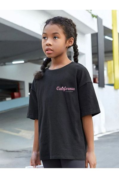 MODADEER Children's Oversize Pink California Printed Cotton Crew Neck T-Shirt - Black