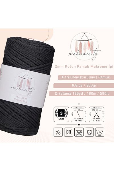 Makromecity Premium Cotton Cotton Macrame Rope Black 200 Gr 150 Meters 2mm Cotton Chain Macrame Bag Rope Supla Rope