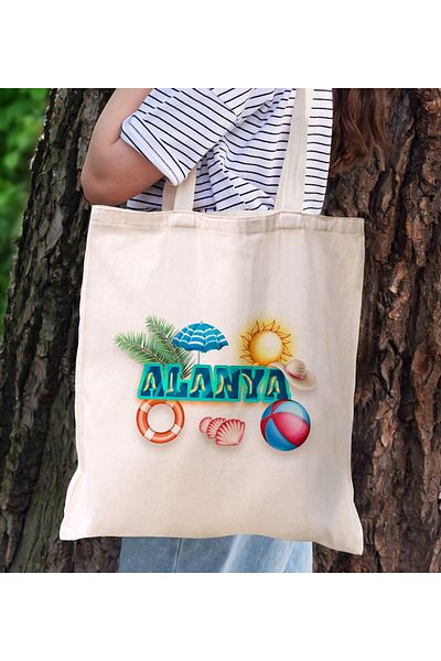 Bk Gift Alanya Themed Canvas Tote Beach Bag Printed Shoulder Shopping Bag