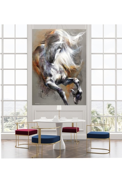 HDART Soyut Siyah Koşan Beyaz Yeleli At Kanvas Duvar Tablosu Ev Ofis Hediyeli...