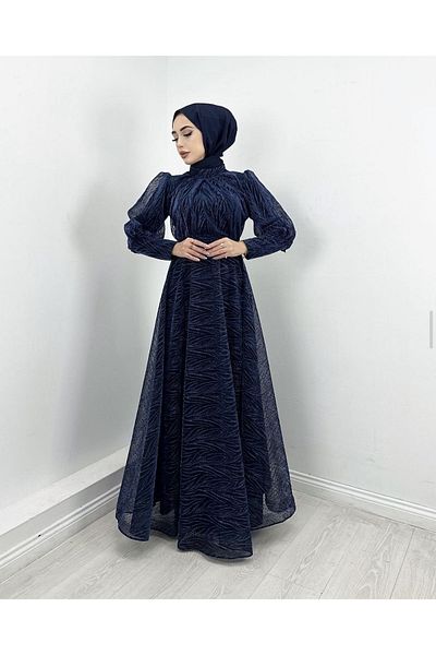 MERVEPLUME Hijab Tulle Evening Dress Jacquard Glitter Woven Fabric Fashion Wedding Elegance – Navy Blue