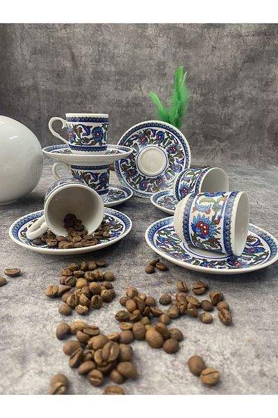 RUBİ PORSELEN Porcelain Topkapı Tile Patterned Turkish Coffee Cup Set for 6 Persons 12 Pieces