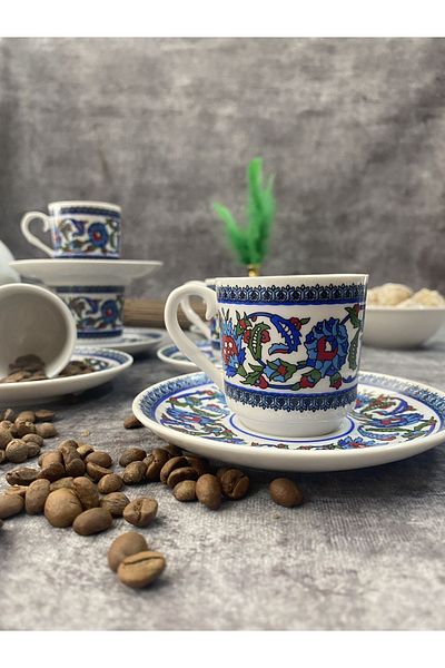 RUBİ PORSELEN Porcelain Topkapı Tile Patterned Turkish Coffee Cup Set for 6 Persons 12 Pieces