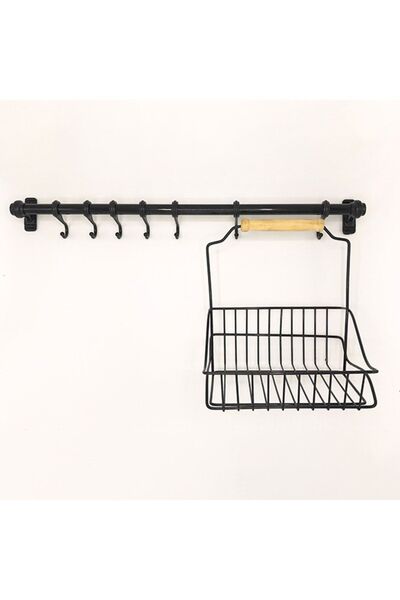 indirimhareketi Lüx Ferforje Sepet 20x20 + Duvar Rayı 6 Kancalı Askılık Siyah 50cm
