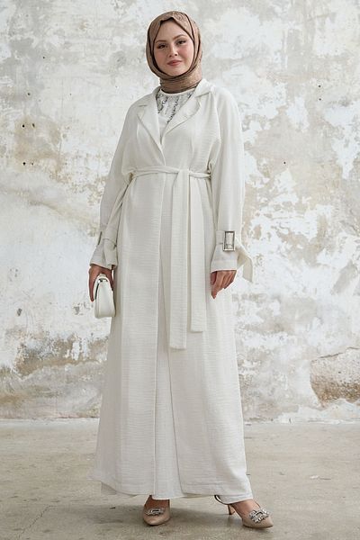 InStyle Set alb cu rochie de in cu detaliu de piatră