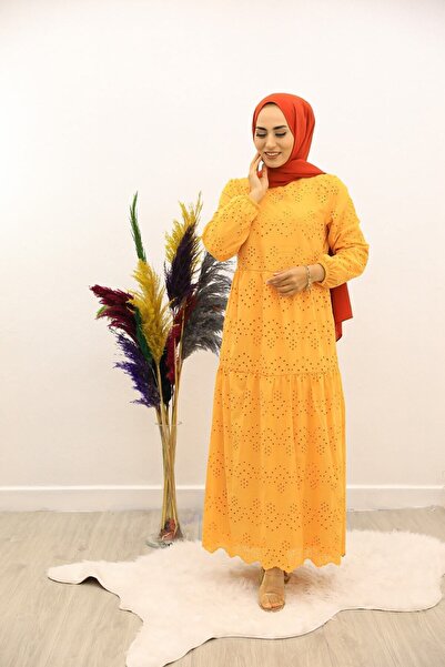 She Olive فستان حجاب بتفاصيل جبر أصفر خردل