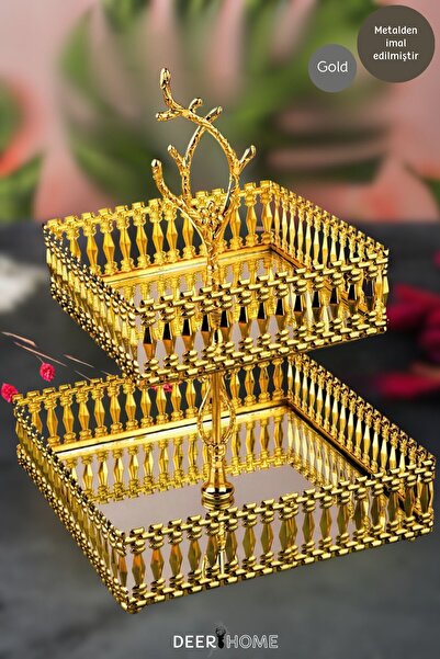 Passionis DeerHome Lüx Iki Katlı Gold Kare Kurabiyelik Sunumluk Ikramlık