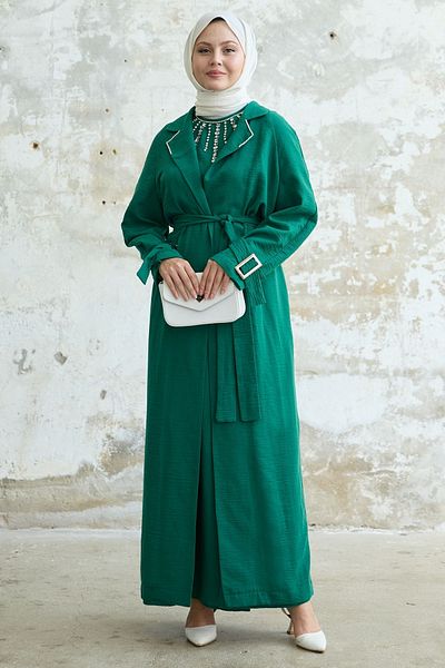 InStyle طقم كتان أخضر زمردي - فستان بتفاصيل حجرية