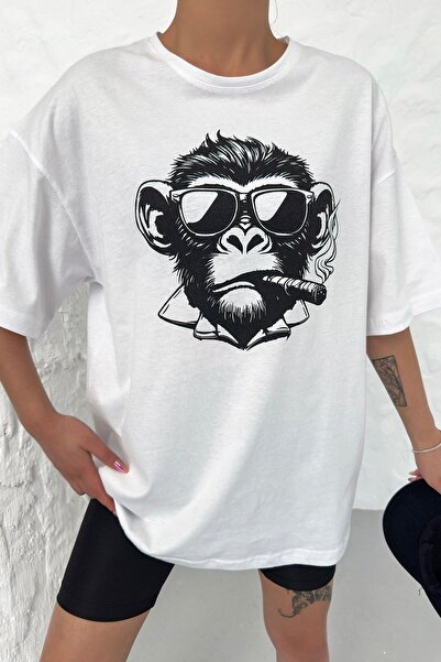 technomonkey تي شيرت أبيض كبير الحجم مطبوع عليه قرد للجنسين