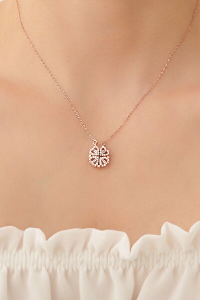 passion silver Baget Taşlı Kalp Yonca Açılabilir 14 Ayar Rose Altın Kaplama K...