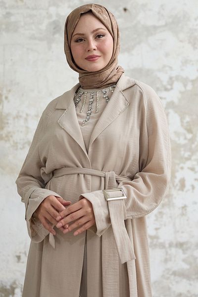 InStyle طقم كتان بيج - فستان بتفاصيل حجرية