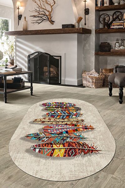 CAPPİO HALI Renkli Tüy Desenli Krem Dijital Baskılı Oval Halı (MAKİNADA YIKAN...